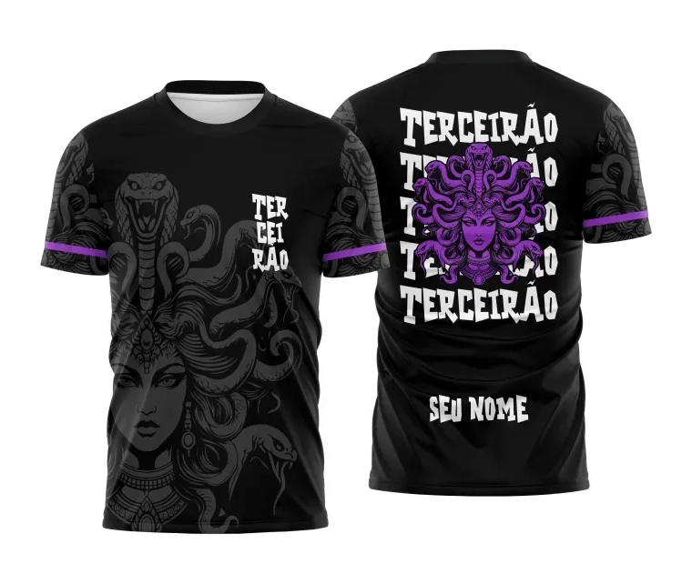 Camiseta preta personalizada Terceirão 2026 com estampa de Medusa roxa e nome nas costas