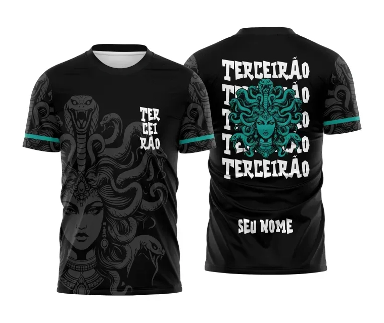 Camiseta preta personalizada Terceirão 2026 com estampa de Medusa verde e nome nas costas