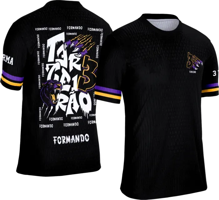Camiseta preta personalizada Terceirão 2026 com estampa de pantera roxa