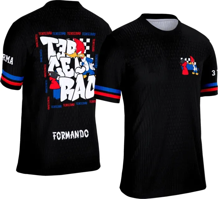 Camiseta preta personalizada Terceirão 2026 com estampa de personagem Pica-Pau