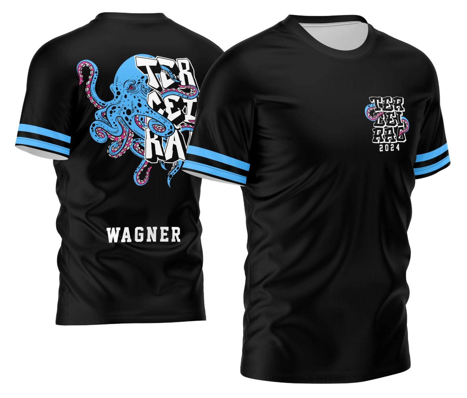 Camiseta preta personalizada Terceirão 2026 com estampa de polvo azul estilizado