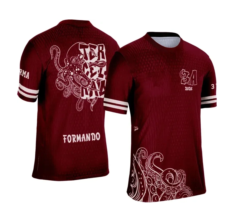 Camiseta vermelha personalizada Terceirão 2026 com estampa de polvo estilizado