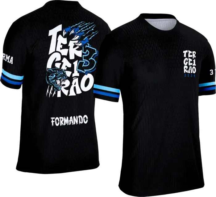 Camiseta preta personalizada Terceirão 2026 com estampa de puma azul