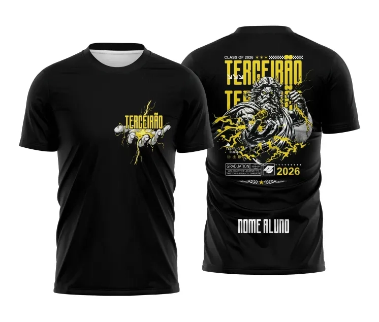 Camiseta preta personalizada Terceirão 2026 com estampa de Zeus e raios amarelos
