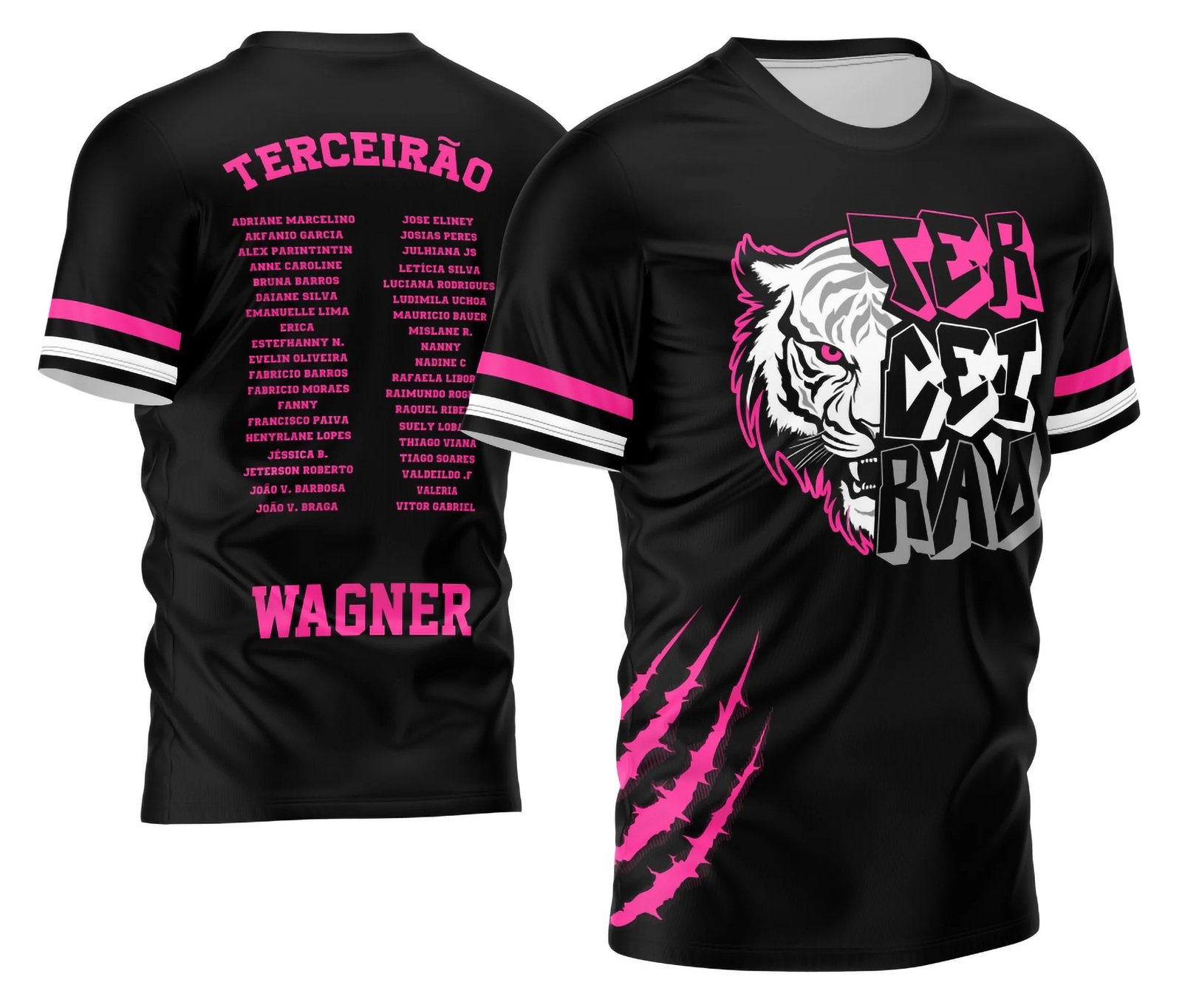 Camiseta personalizada com estampa de tigre e palavras 'Tigre Veloz' em destaque, com nomes de participantes na parte de trás, ideal para torcida ou eventos esportivos.