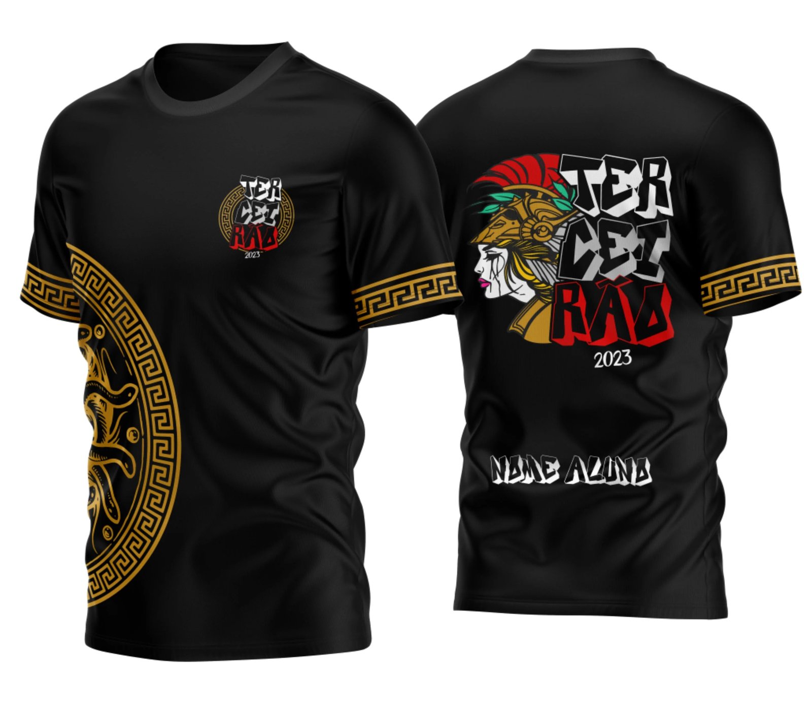 camiseta terceirão 2026 Guerreira Espartana Dourada para formandos do ensino médio