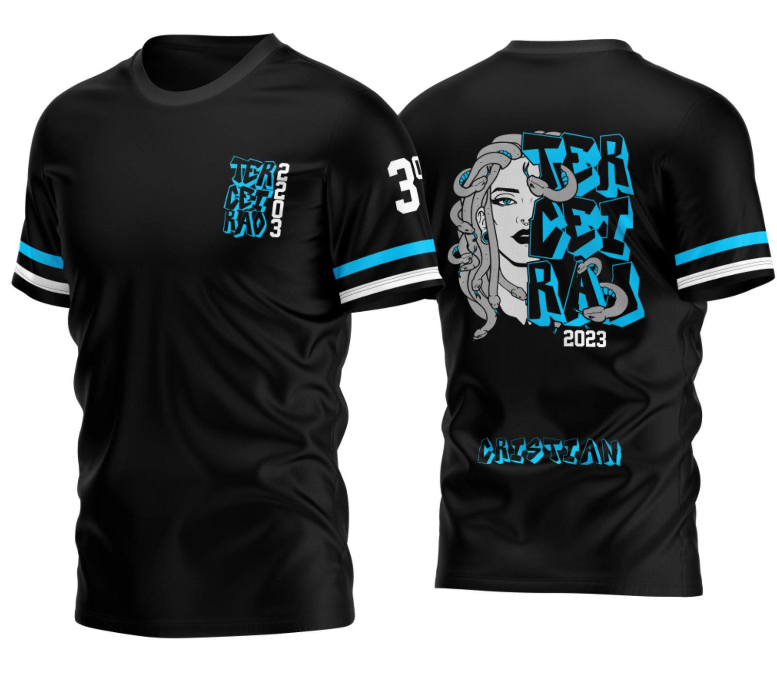 camiseta terceirão 2026 Medusa Azul para formandos do ensino médio