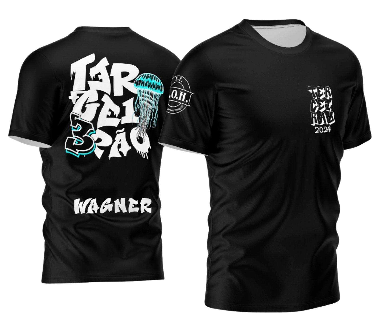 camiseta terceirão 2026 Polvo Ciano para formandos do ensino médio